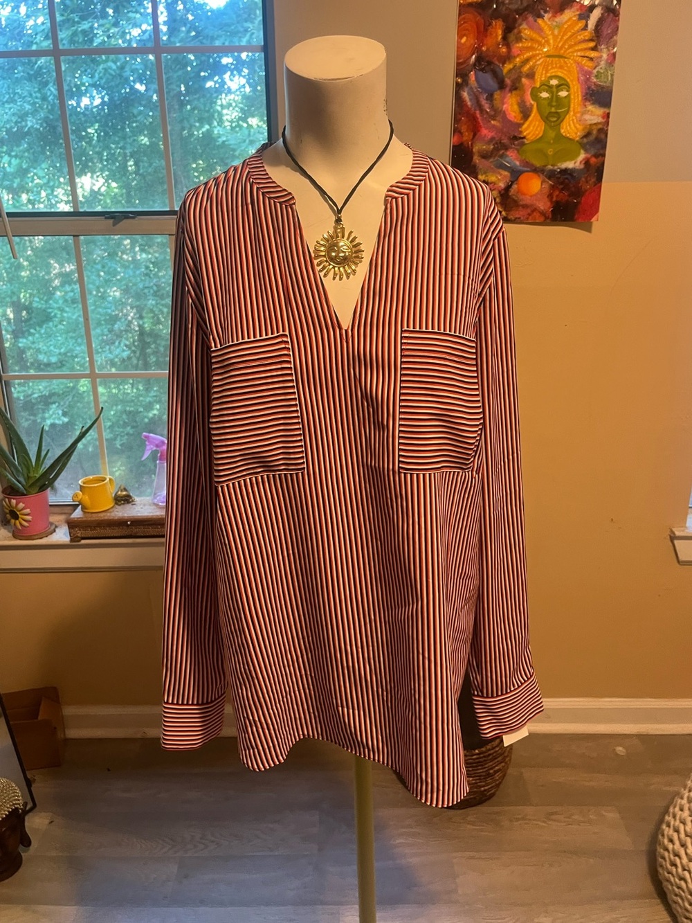 Woman Red and White Striped V-Neck Shirt Professional Casual